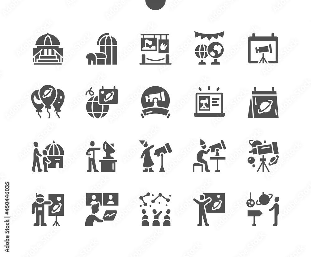 Astronomy Day. Observatory, telescope and planetarium. Cosmonauts public lectures. Calendar. Science museum. Holiday. Vector Solid Icons. Simple Pictogram