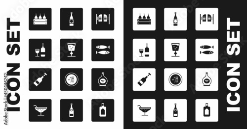 Set Saloon door, Wine glass, bottle with, Bottles of wine wooden box, Dried fish, Beer, cognac brandy and Opened icon. Vector