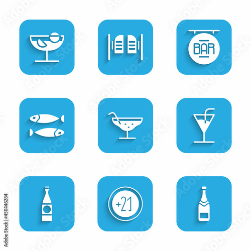 Set Cocktail, Alcohol 21 plus, Champagne bottle, Beer, Dried fish, Street signboard with Bar and icon. Vector