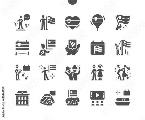 Slovenian Statehood Day 25 June. Flag raising ceremony. Calendar. Twenty fifth of june. Exhibitions. Slovenian cuisine. Holiday. Vector Solid Icons. Simple Pictogram