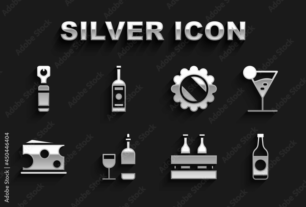 Set Wine bottle with glass, Martini, Beer, Pack of beer bottles, Cheese, Bottle cap, opener and Glass vodka icon. Vector Set Wine bottle with glass, Martini, Beer, Pack of beer bottles, Cheese, Bottle cap, opener and Glass vodka icon. Vector