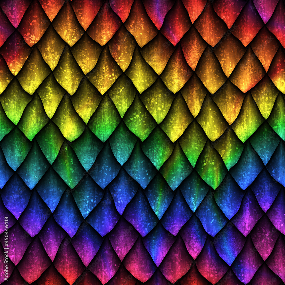 Fototapeta Seamless texture of dragon scales, reptile skin, rainbow color, 3d illustration