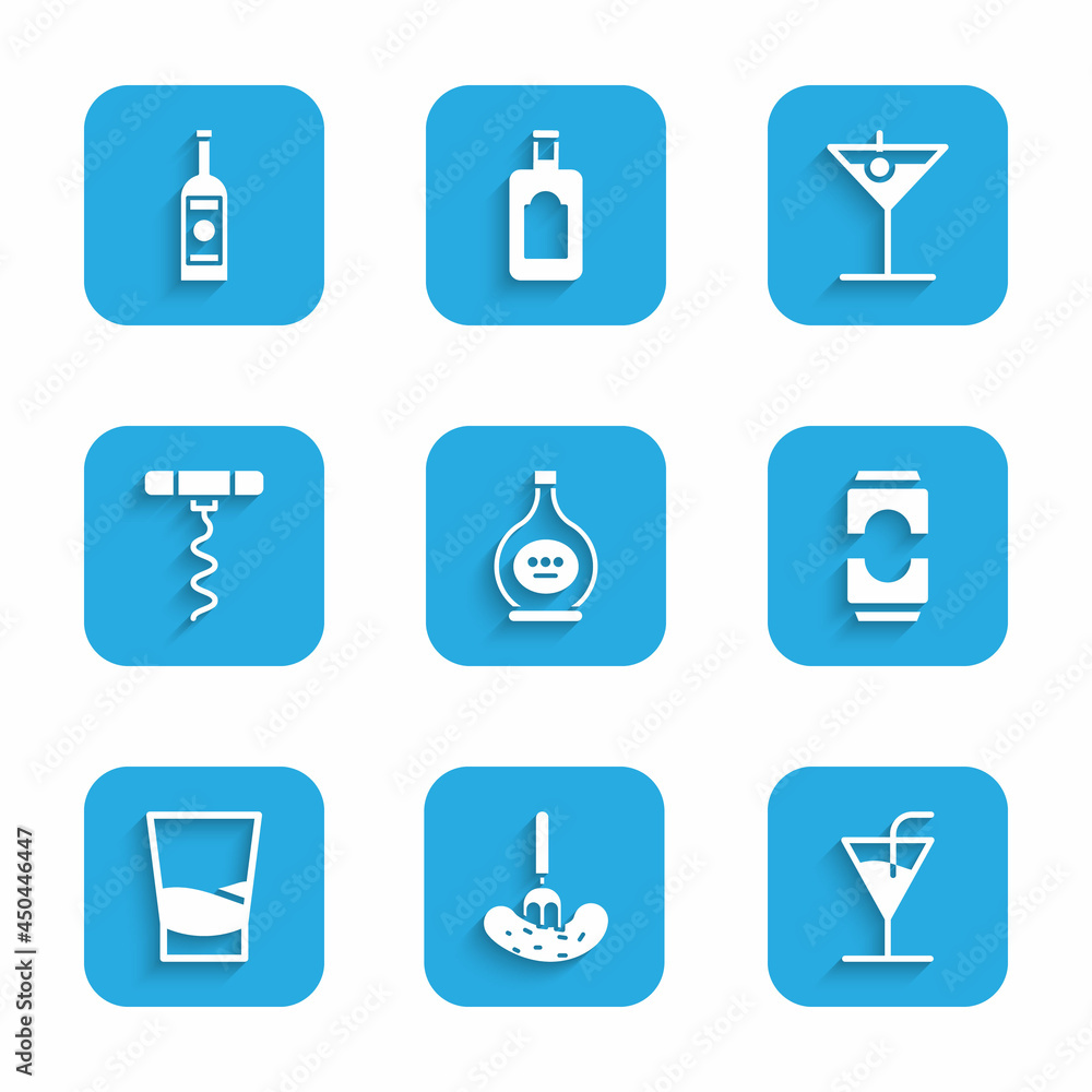 Set Bottle of cognac or brandy, Pickled cucumber on fork, Cocktail, Beer can, Glass vodka, Wine corkscrew, Martini glass and bottle icon. Vector Set Bottle of cognac or brandy, Pickled cucumber on fork, Cocktail, Beer can, Glass vodka, Wine corkscrew, Martini glass and bottle icon. Vector