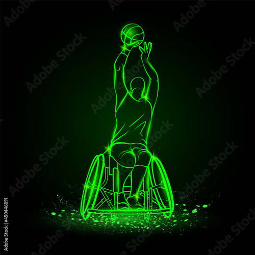 Neon wheelchair basketball sport background. Basketball player with varying physical disabilities.