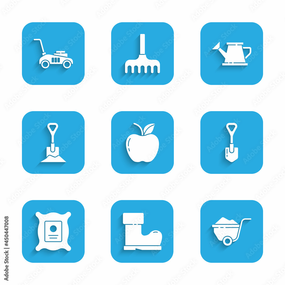 Set Apple, Waterproof rubber boot, Wheelbarrow with dirt, Shovel, Pack full seeds plant, in the ground, Watering can and Lawn mower icon. Vector Set Apple, Waterproof rubber boot, Wheelbarrow with dirt, Shovel, Pack full seeds plant, in the ground, Watering can and Lawn mower icon. Vector