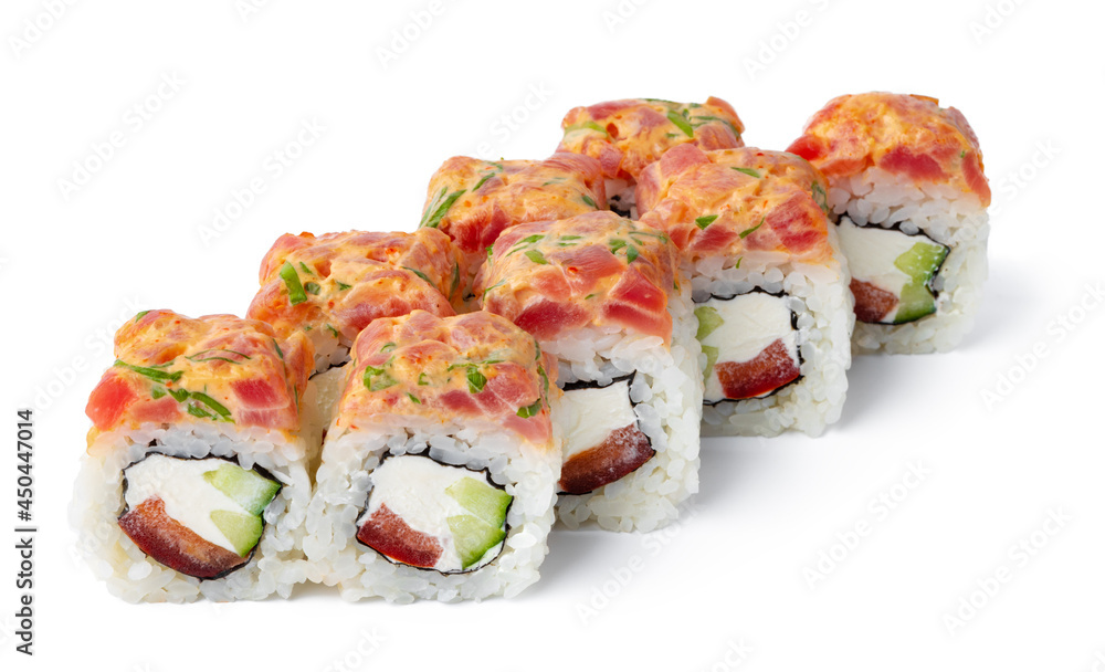 Sushi roll with salmon and tuna isolated on white Sushi roll with salmon and tuna isolated on white