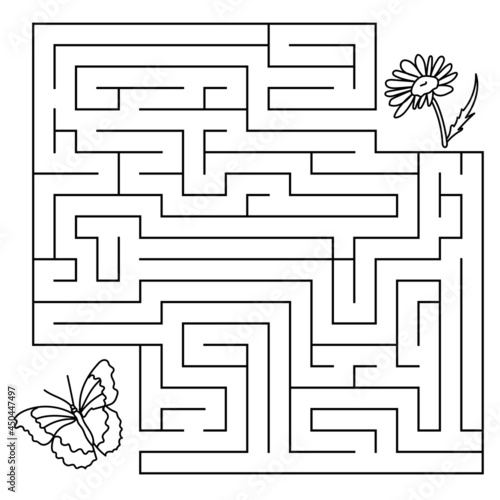 maze game with animals and plants, coloring page for children, help the butterfly fly to the flower