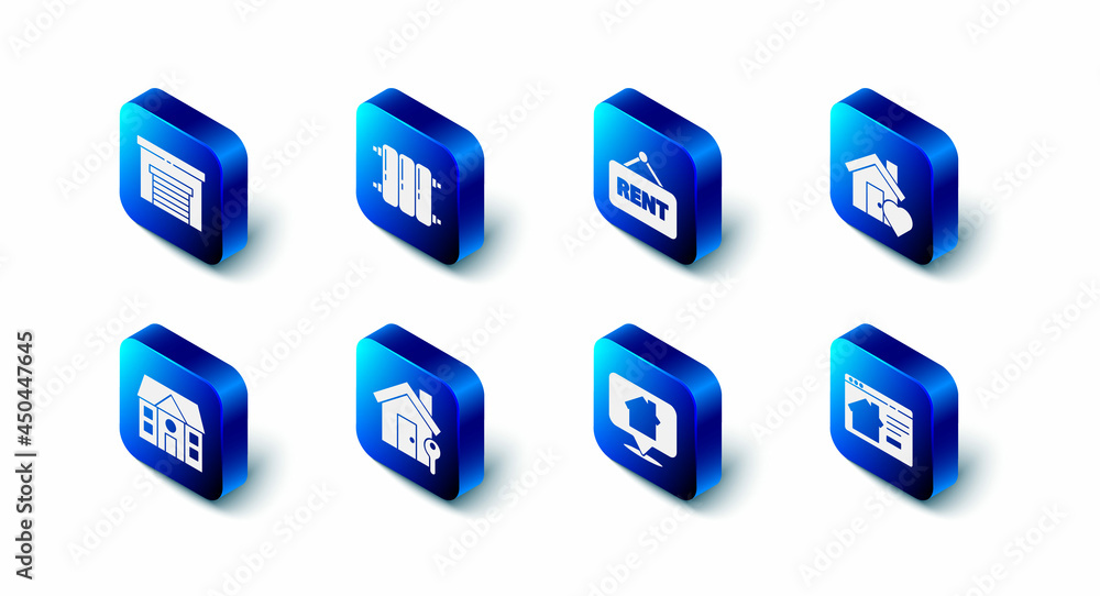 Set Heating radiator, Hanging sign with Rent, House heart shape, Online real estate house, Location, key, and Garage icon. Vector Set Heating radiator, Hanging sign with Rent, House heart shape, Online real estate house, Location, key, and Garage icon. Vector