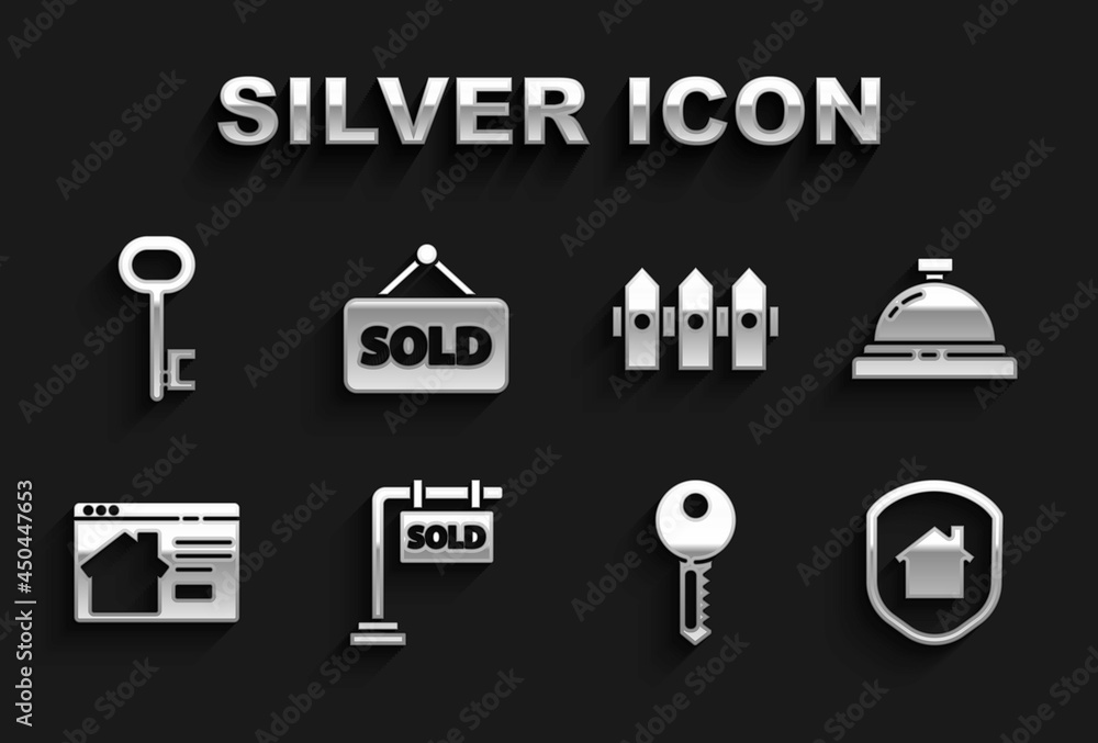 Set Hanging sign with Sold, Hotel service bell, House under protection, key, Online real estate house, Garden fence wooden, and text icon. Vector Set Hanging sign with Sold, Hotel service bell, House under protection, key, Online real estate house, Garden fence wooden, and text icon. Vector