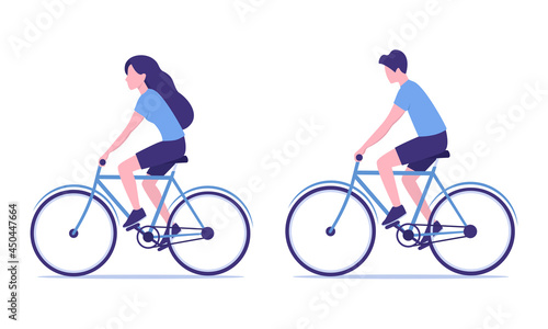 People ride bicycles. Flat colored illustration. Isolated on white background. 