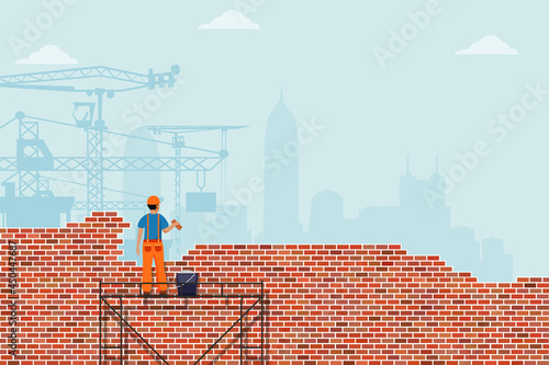 Builder laying bricks on wall cartoon vector illustration