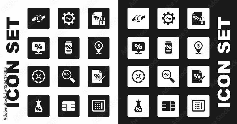 Set Finance document and lock, Percent discount mobile, Discount percent tag, Financial growth euro coin, Cash location, Gear with, and Safe icon. Vector Set Finance document and lock, Percent discount mobile, Discount percent tag, Financial growth euro coin, Cash location, Gear with, and Safe icon. Vector