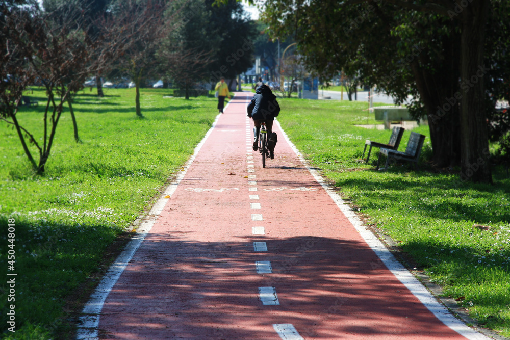Cycling on the red cycle path, in the city park.