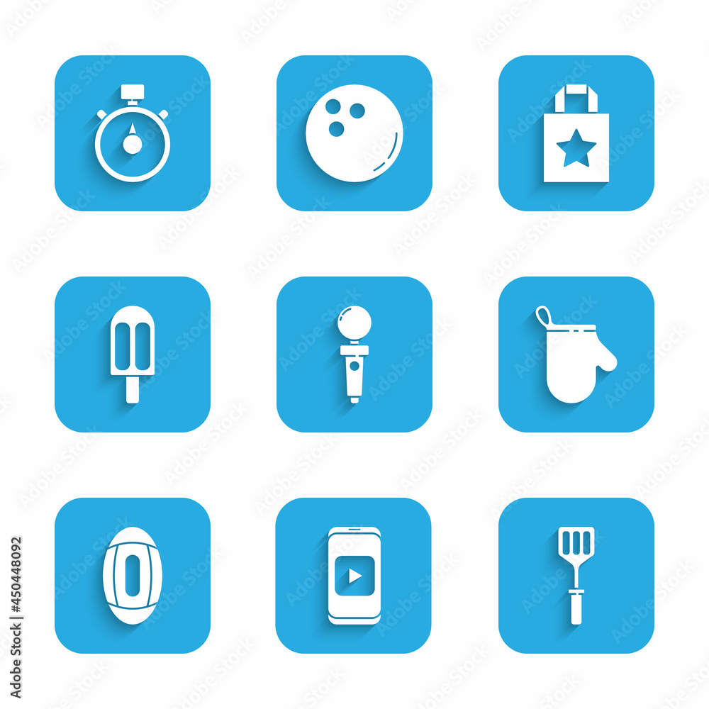 Set Joystick for arcade machine, Online play video, Spatula, Oven glove, American Football ball, Ice cream, Paper shopping bag and Stopwatch icon. Vector Set Joystick for arcade machine, Online play video, Spatula, Oven glove, American Football ball, Ice cream, Paper shopping bag and Stopwatch icon. Vector