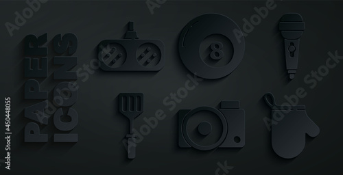 Set Photo camera, Microphone, Spatula, Oven glove, Billiard pool snooker ball and Gamepad icon. Vector