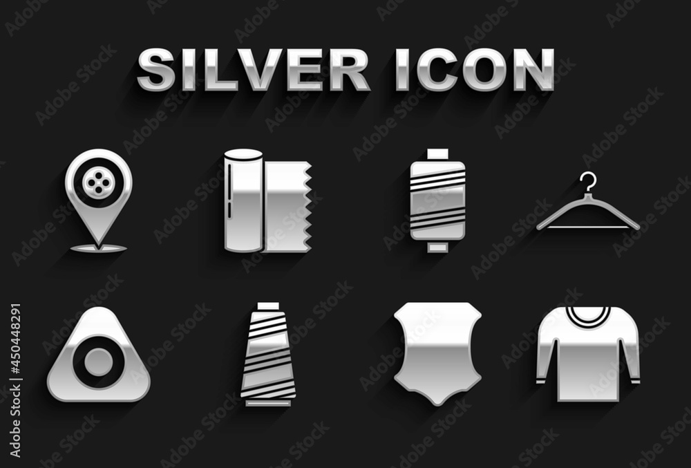Set Sewing thread, Hanger wardrobe, Sweater, Leather, chalk, Location tailor shop and Textile fabric roll icon. Vector Set Sewing thread, Hanger wardrobe, Sweater, Leather, chalk, Location tailor shop and Textile fabric roll icon. Vector
