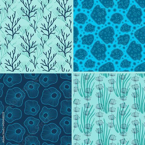 Set of four vector seamless sea style patterns with corals and seaweeds. Abstract marine seamless background.