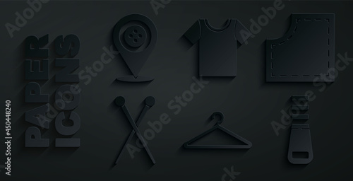 Set Hanger wardrobe, Sewing Pattern, Knitting needles, Zipper, T-shirt and Location tailor shop icon. Vector