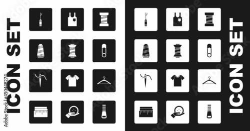 Set Sewing thread, Awl tool, Safety pin, Sleeveless T-shirt, Hanger wardrobe and Needle for sewing with icon. Vector