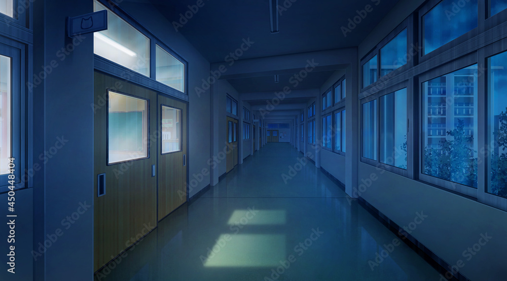 High school corridor balcony in the dark night, Anime background, 2D  illustration Stock Illustration | Adobe Stock