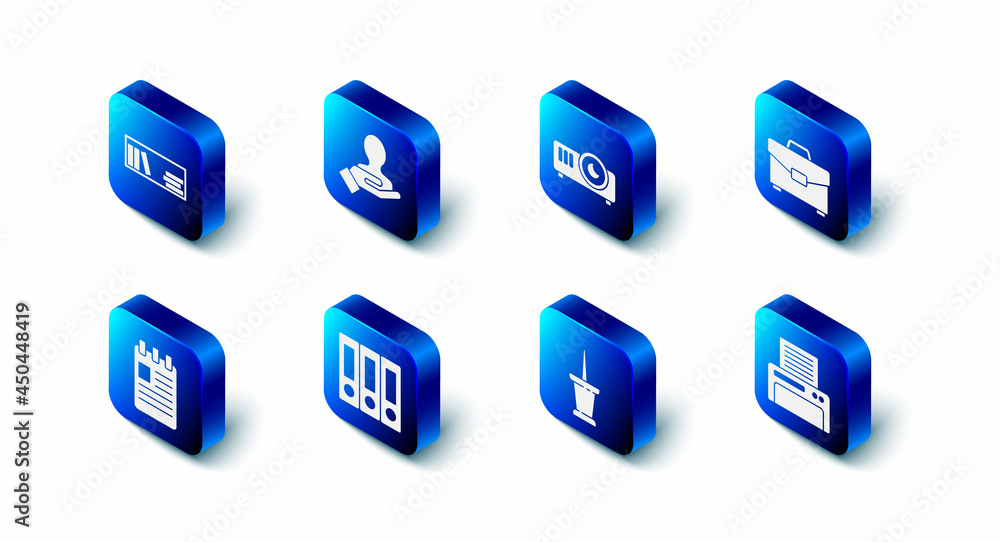 Set Hand for search a people, Movie, film, media projector, Briefcase, Printer, Push pin, Office folders, Spiral notebook and Shelf with books icon. Vector Set Hand for search a people, Movie, film, media projector, Briefcase, Printer, Push pin, Office folders, Spiral notebook and Shelf with books icon. Vector