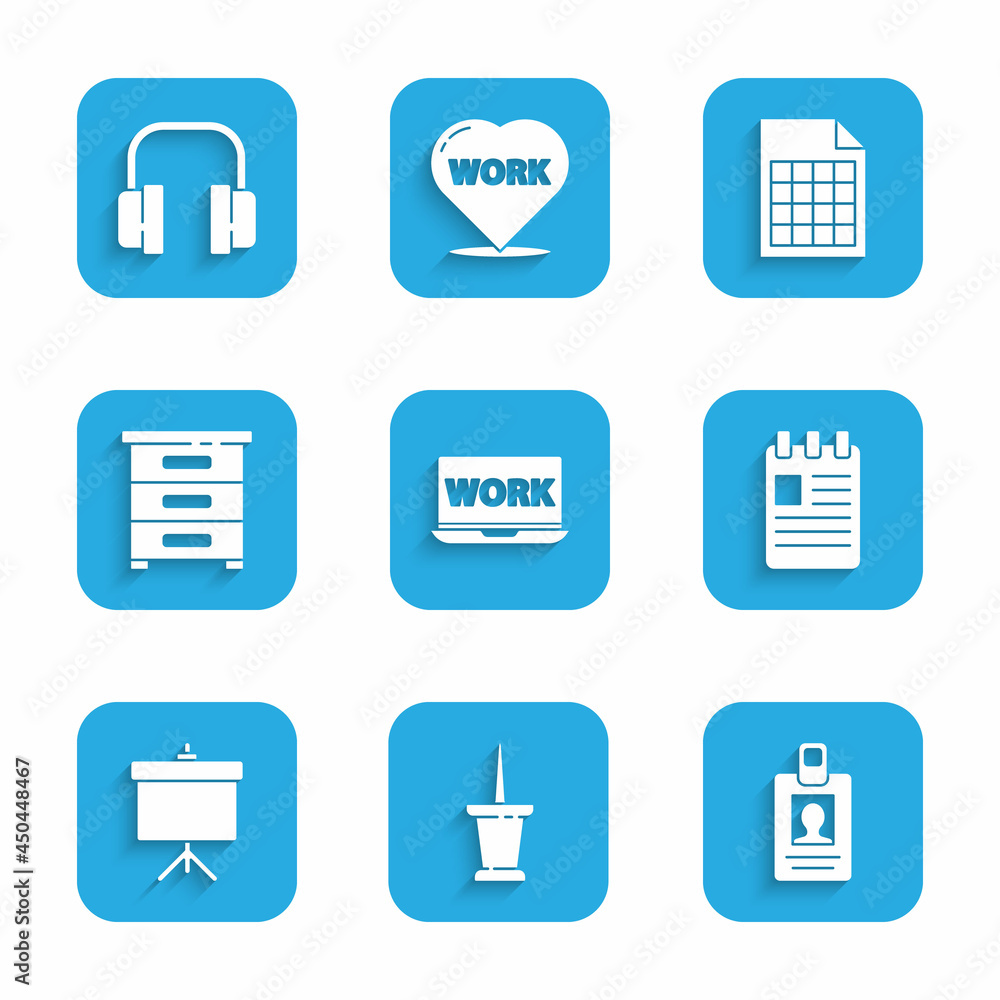 Set Laptop with text work, Push pin, Identification badge, Spiral notebook, Chalkboard diagram, Drawer documents, File and Headphones icon. Vector Set Laptop with text work, Push pin, Identification badge, Spiral notebook, Chalkboard diagram, Drawer documents, File and Headphones icon. Vector