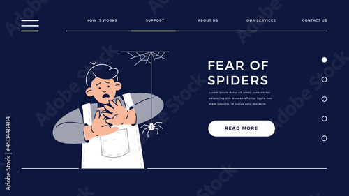 Fear of Spiders, Arachnophobia web template. Scared Child Character is afraid of spider. Phobia, Childhood Irrational Fear, Anxiety Disorder, Scared Face emotion for homepage.Flat vector illustration