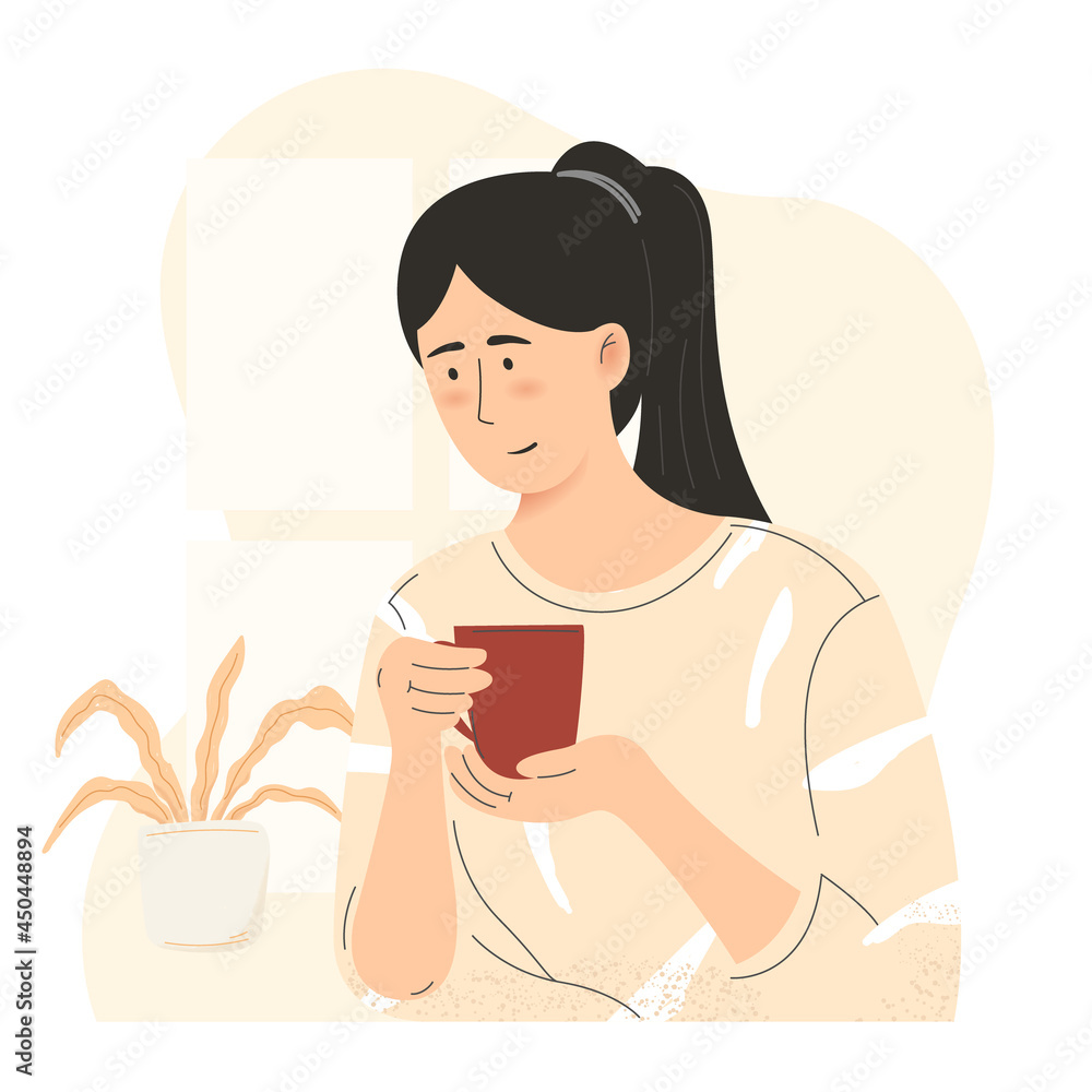 young girl drinking coffee flat illustration morning coffee