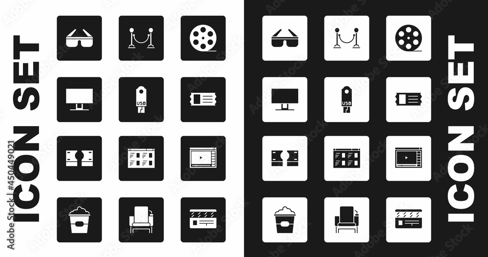Set Film reel, USB flash drive, Smart Tv, 3D cinema glasses, Cinema ticket, Rope barrier, Online play video and Stacks paper money cash icon. Vector Set Film reel, USB flash drive, Smart Tv, 3D cinema glasses, Cinema ticket, Rope barrier, Online play video and Stacks paper money cash icon. Vector