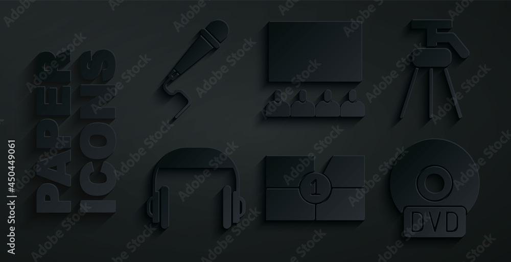 Set Old film movie countdown frame, Tripod, Headphones, CD or DVD disk, Cinema auditorium with screen and Microphone icon. Vector