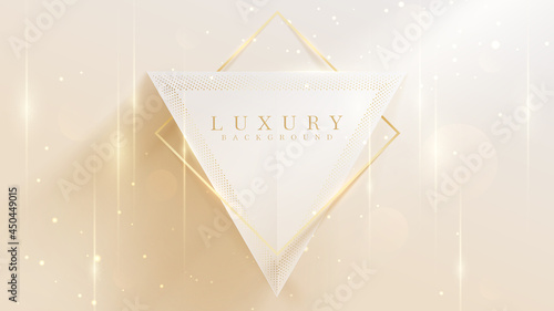 Golden lines triangular shape with sparkling lights, 3d style luxury background, vector illustration scene design.