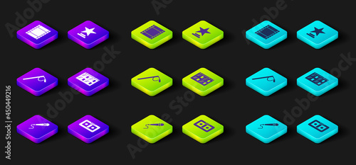 Set Microphone, VHS video cassette tape, Online play, Movie trophy and Play Video icon. Vector