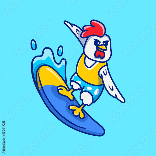 Photography cute chicken playing surfing illustration