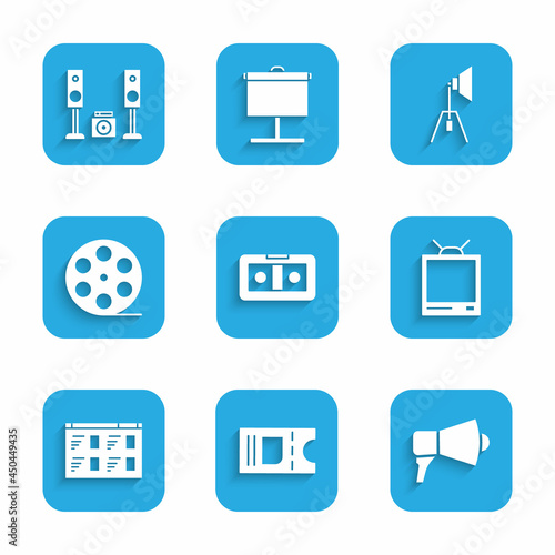 Set VHS video cassette tape, Cinema ticket, Megaphone, Retro tv, Online play, Film reel, Movie spotlight and Home stereo with two speakers icon. Vector