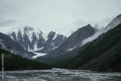 Atmospheric alpine landscape with mountain streams from snowy mountains in overcast weather. Bleak monochrome scenery with glacier tongue in mountain valley in rainy weather. Glacier among low clouds. © Daniil