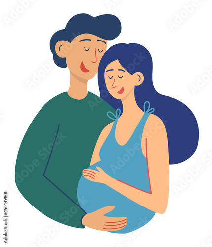 Man hugs his pregnant wife. Family concept. The husband embraces his wife expecting a baby. Partner birth. Happy family waiting for a child. Flat Vector illustration isolated on white background.