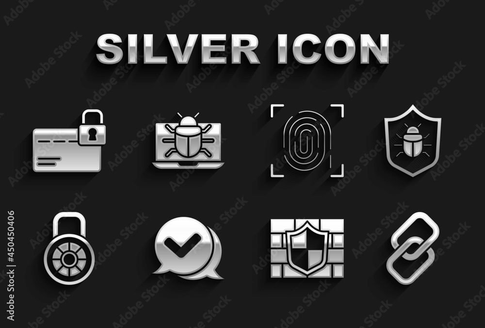 Set Check mark in speech bubble, System bug, Chain link, Shield with brick wall, Safe combination lock, Fingerprint, Credit card and monitor icon. Vector Set Check mark in speech bubble, System bug, Chain link, Shield with brick wall, Safe combination lock, Fingerprint, Credit card and monitor icon. Vector