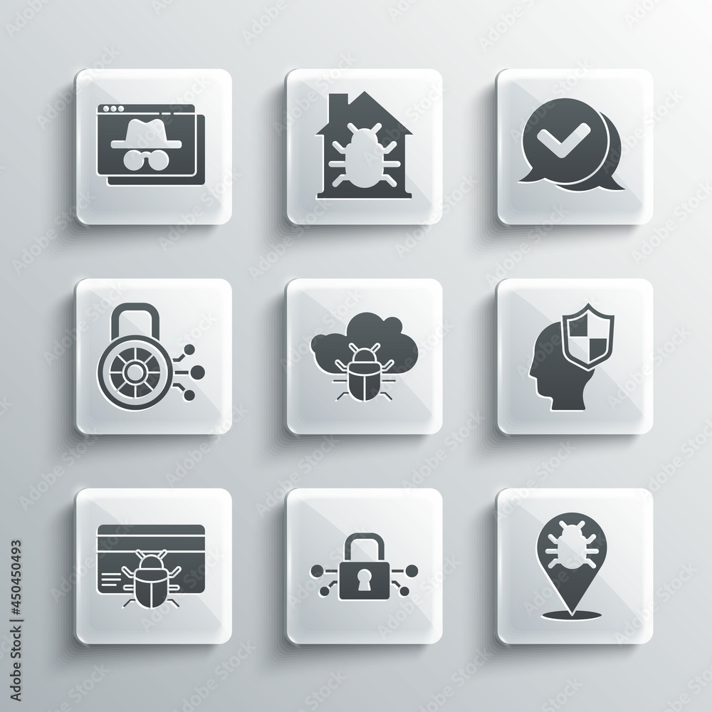 Set Cyber security, System bug, Head with shield, on cloud, in credit card, Browser incognito window and Check mark speech bubble icon. Vector Set Cyber security, System bug, Head with shield, on cloud, in credit card, Browser incognito window and Check mark speech bubble icon. Vector