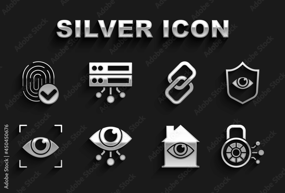 Fototapeta premium Set Eye scan, Shield and eye, Cyber security, House with, Chain link, Fingerprint and Server, Data, Web Hosting icon. Vector