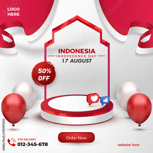 realistic red white podium display product for indonesian independence day flash sale flyer template