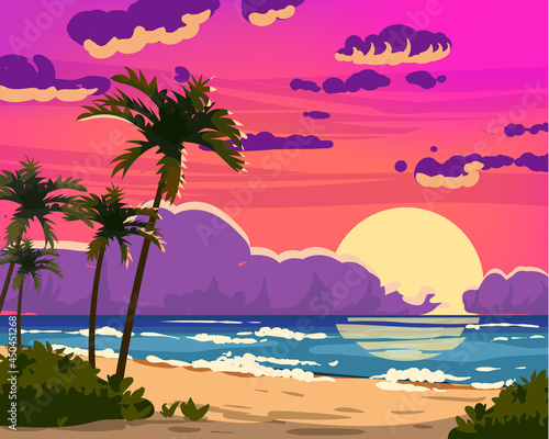 Sunset Ocean Tropical resort landscape. Sea shore beach, sun, exoti csilhouettes palms, coastline, clouds, sky, summer vacation. Vector illustration cartoon style