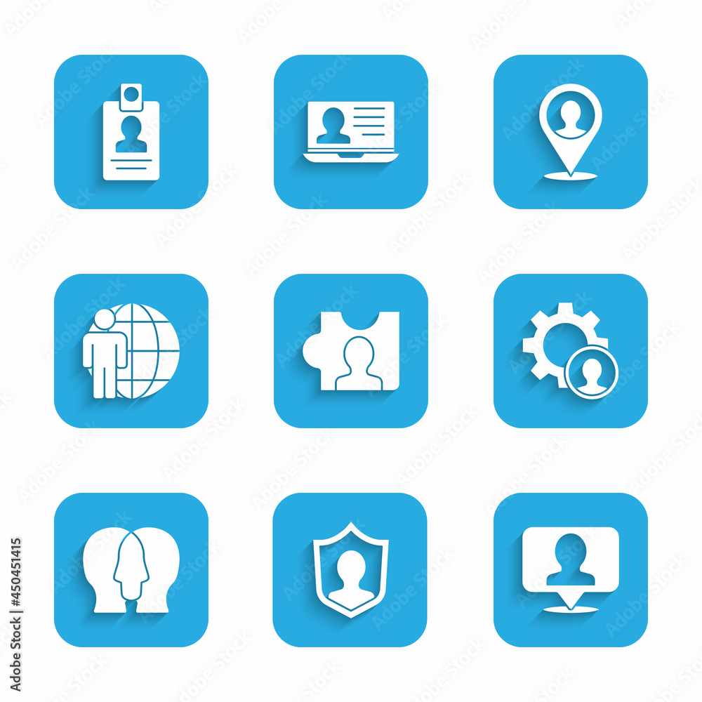 Set Head hunting, User protection, Location with person, Project team base, and Identification badge icon. Vector Set Head hunting, User protection, Location with person, Project team base, and Identification badge icon. Vector