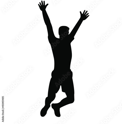 Silhouette of a man, a boy of black color in a jump with his hands up. Flat style. Vector image isolated. © Mar