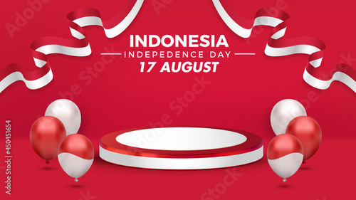 Indonesia independence day decoration display podium with balloon on red background scene photo