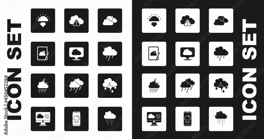 Set Sun and cloud weather, Location, Weather forecast, Sunset, Cloud with rain, Storm warning, lightning and moon icon. Vector Set Sun and cloud weather, Location, Weather forecast, Sunset, Cloud with rain, Storm warning, lightning and moon icon. Vector