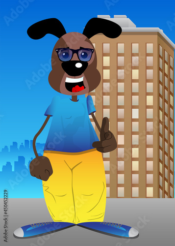 Funny cartoon dog pointing at the viewer with his hand. Vector illustration.