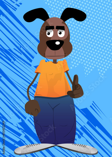 Funny cartoon dog pointing at the viewer with his hand. Vector illustration.