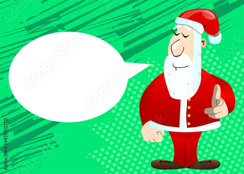 Santa Claus in his red clothes with white beard pointing at the viewer with his hand. Vector cartoon character illustration.