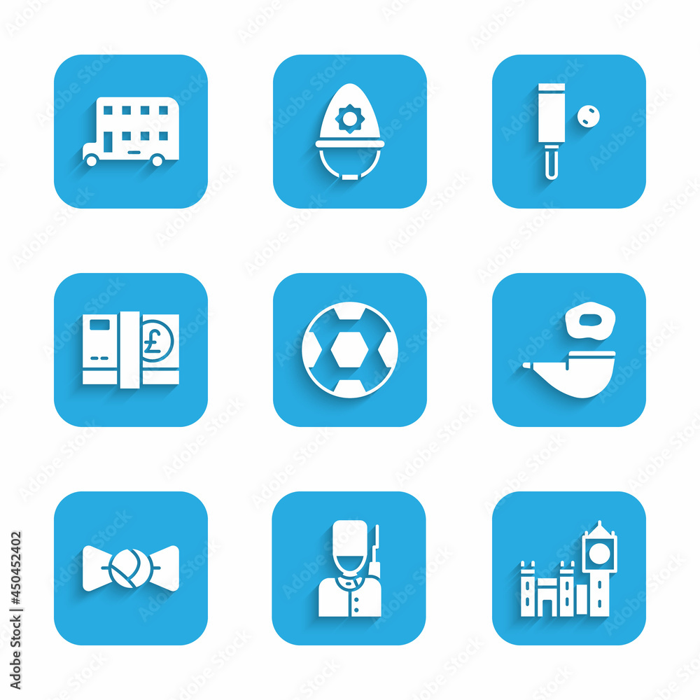 Set Football ball, British soldier, Big Ben tower, Smoking pipe, Bow tie, Pound sterling money, Wood cricket bat and and Double decker bus icon. Vector Set Football ball, British soldier, Big Ben tower, Smoking pipe, Bow tie, Pound sterling money, Wood cricket bat and and Double decker bus icon. Vector
