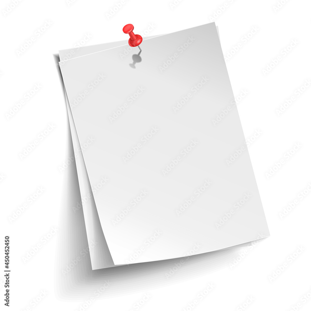 Two white sheets pinned red push button over white background. Front or top view. Vector illustration. Two white sheets pinned red push button over white background. Front or top view. Vector illustration.